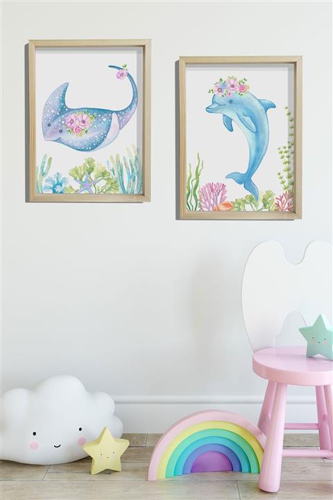 Canvartie Doğal Ahşap Çerçeveli Bebek Ve Çocuk Odası Duvar Tablosu Çiçekli Vatos Balığı Ve Yunus Balığı