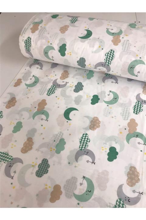 Bebek Özel Pamuklu Bebek Çocuk Lastikli Çarşaf 70x110 Beyaz Yeşil Ay Bulut