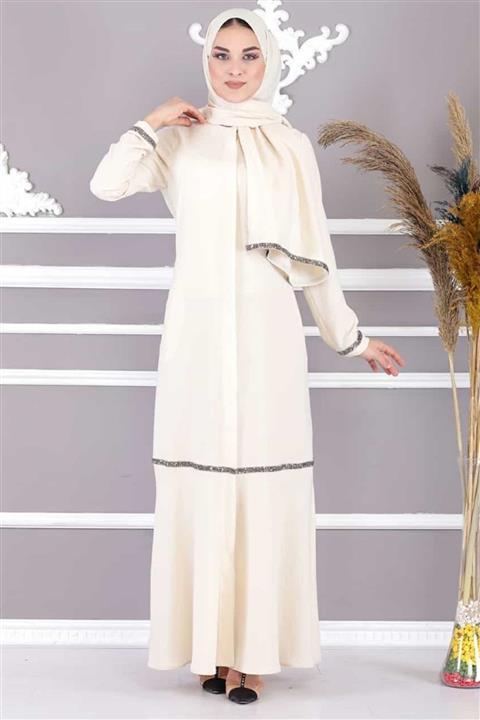 AYHAN AYDIN TEKSTİL Işleme Detaylı Abaya 02008 Beyaz