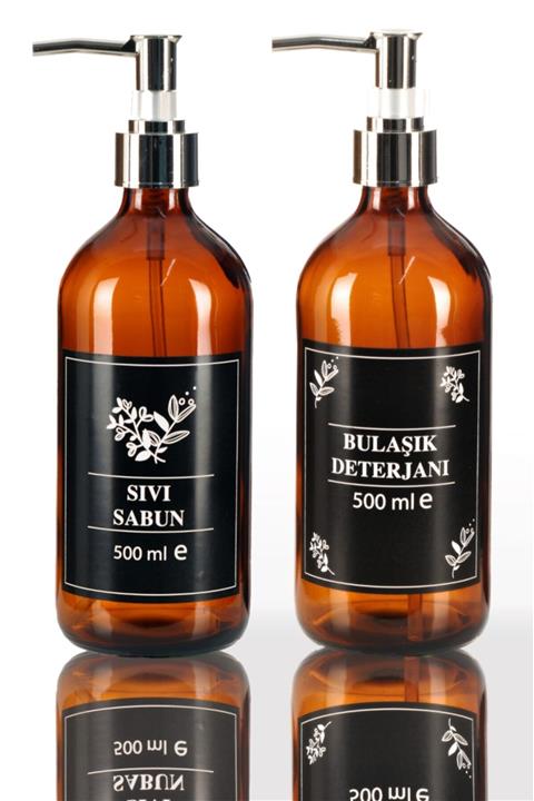 bigpapel Sıvı Ve Bulaşık Sabunluk Seti Cam Amber 500 ml (GÜMÜŞ)