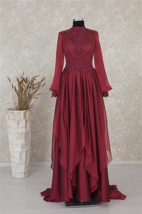 Minelia Kadın Bordo Tesettür Abiye Drape Detaylı Fransız Şifon Elbise