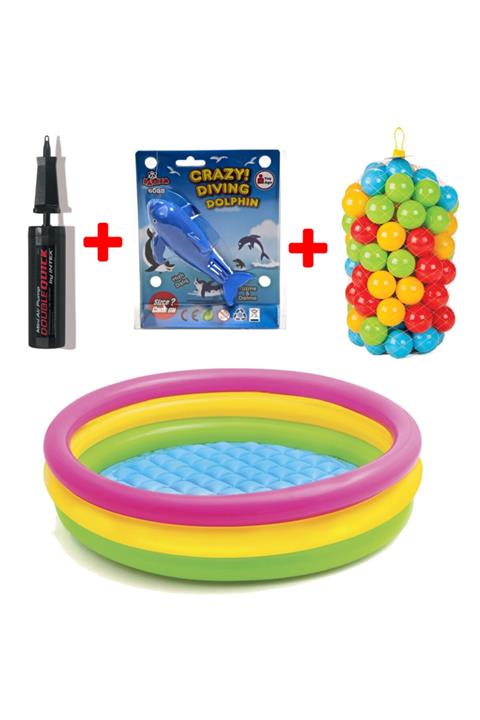 Intex Havuz Oyuncakları Seti - 114 Cm Şişme Taban Havuz + 100 Adet Havuz Topu + Pompa + Yüzen Yunus