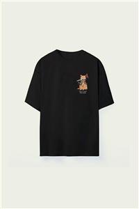 THEWERT Unisex Samuray Cat Baskılı Siyah Oversize Tshirt