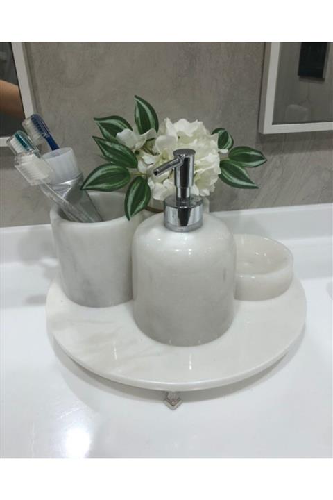 SMF MARBLE ART Beyaz Mermer Banyo Seti Ayaklı 4lü