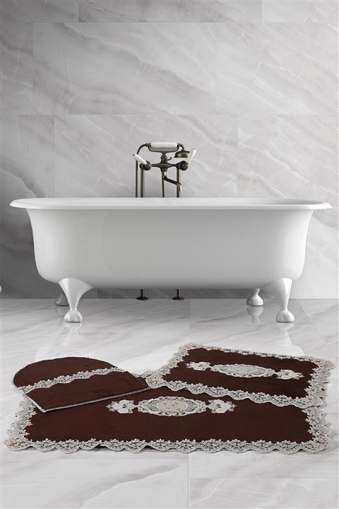 Bonny Home Lisa Köşeli Kahve 3'lü Fransız Güpürlü Banyo Halısı Çeyizlik Klozet Takımı Paspas Seti
