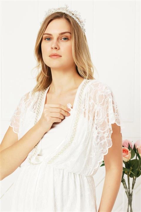 Cossy By Aqua Kadın Krem Dantel ve İnci Detaylı Lohusa Hamile Pijama Takımı 21518