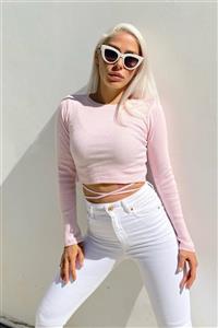 SwistLuxury Pembe Uzun Kol Biye Bağlamalı Crop Bluz