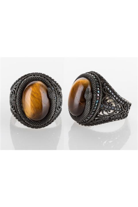 MİSS MÜCEVHERAT 925 Ayar Gümüş Kollar Oyma Işçilik Ve Zirkon Taş Mıhlama Yılan Model Kaplan Gözü Taşlı Erkek Yüzük