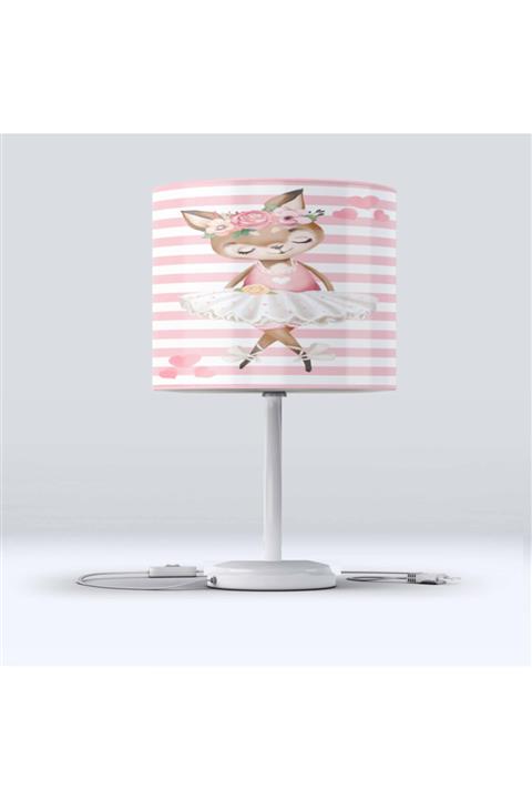 Else Halı Pembe Beyaz Çizgili Tilkili Balerin Desenli Çocuk Odası Abajur