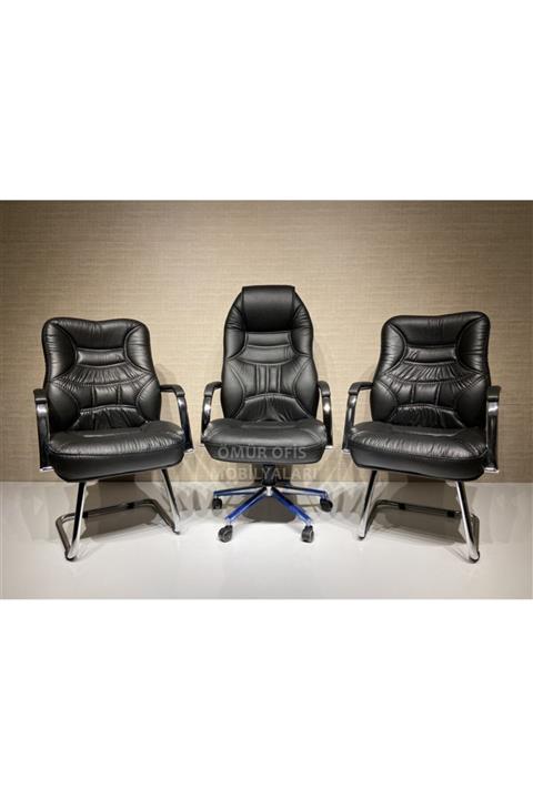 Ömür Ofis Uzay Krom Koltuk Takımı Deri Siyah