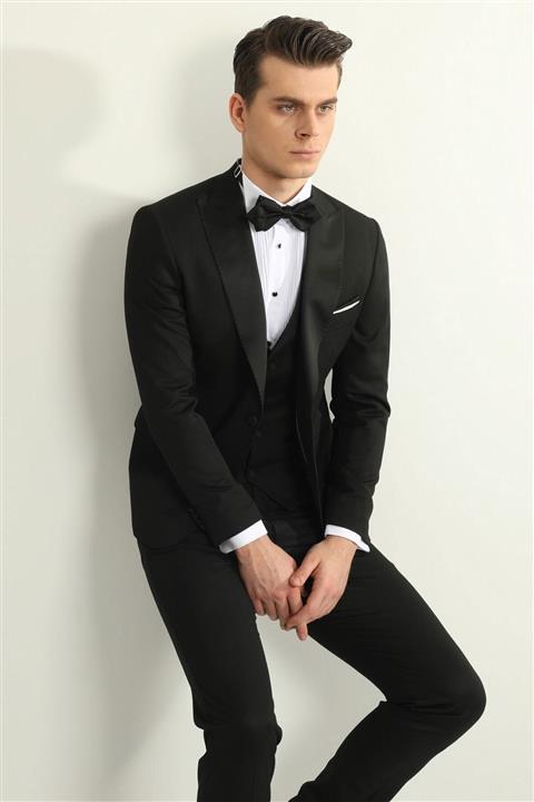 Fc Plus Siyah Yelekli Erkek Smokin - Slım Fıt