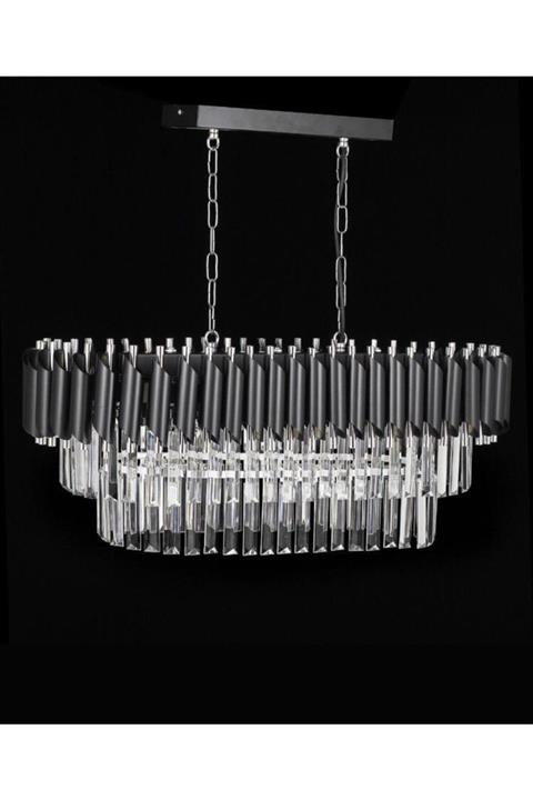 DEKORANLA Kristal Taşlı Lüks Yemek Masası Üstü 6'lı Avize (SİYAH-GÜMÜŞ) 75x30 Cm