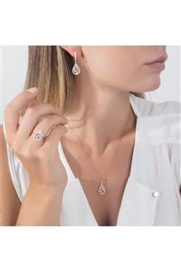 Tayan Jewellery Kadın 925 Ayar Rose Altın Kaplama Gümüş Damla Motifli Baget Taşlı Set&takım