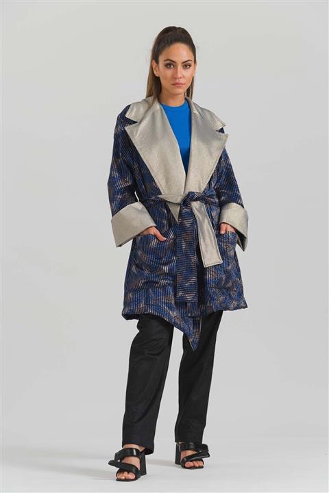 HOELO Kadın  Gri Parlak Yakalı Palto