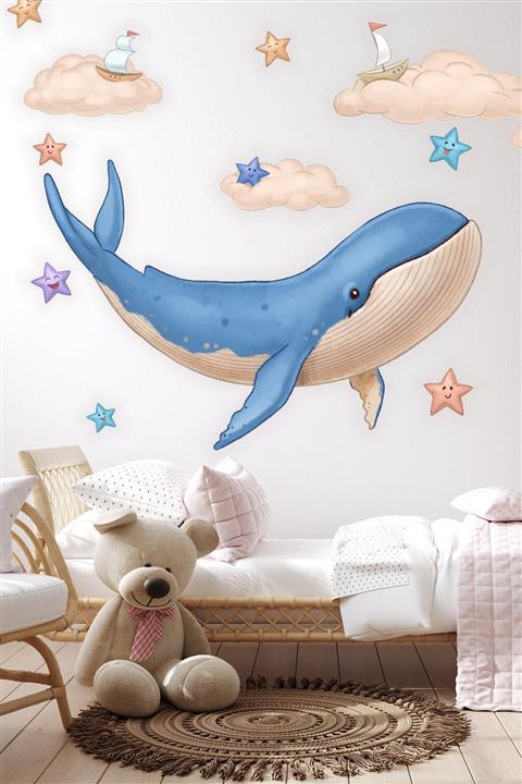MSticker Sevimli Balina Bulutlar Ve Yıldızlar Çocuk Bebek Odası Sticker Seti