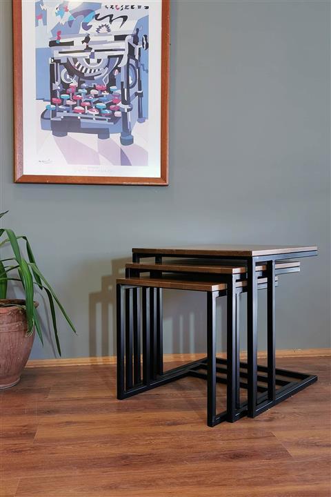 KURGU Metal Ayaklı Kayın Masif 3 Lü C Zigon Sehpa Açık Ceviz Boyalı