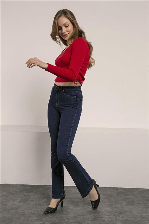 Kadın Modası Kadın Koyu Mavi Yüksek Bel Cepli Ispanyol Paça Pantolon