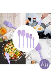 PDHome 5'li Silikon Servis Seti (maksi Spatula, Kaşık, Fırça Ve Mini Spatula, Fırça) Lila