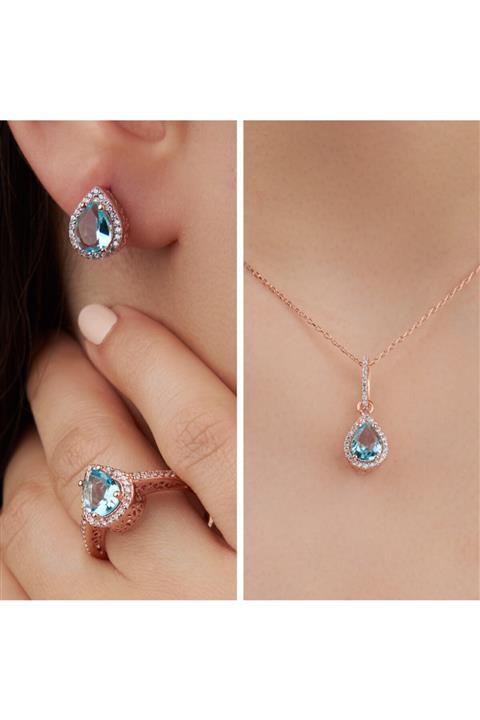 Siset Gümüş 925 Ayar Aquamarin Taşlı Üçlü Gümüş Set