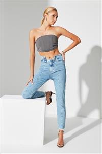 TRENDYOLMİLLA Mavi Bel Detaylı Yüksek Bel Bootcut Jeans TWOAW22JE0882