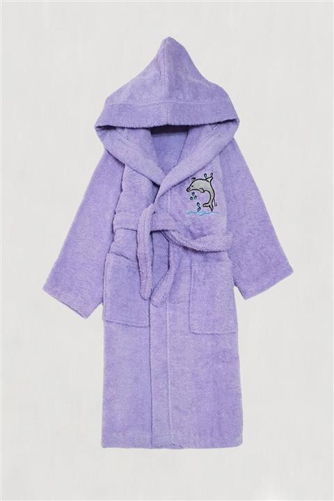Eflatun Mor Renk Kapüşonlu Bukle Pamuklu Çocuk Bornozu