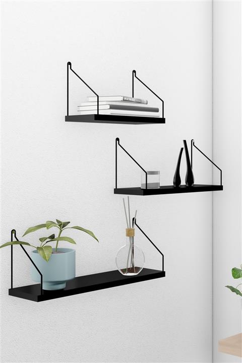 Catchme Trio Duvar Rafı 3’lü Set Kitaplık Mutfak Baharatlık Banyo Yaşam Alanı Siyah