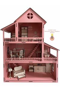 DSDESIGN 3 Katlı Ahsap Barbie Çocuk Oyun Evi Pembe Eşyalı Yapıştırıcılı