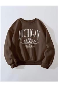 MANCY Unisex Kahverengi Michigan Middle West Bisiklet Yaka Baskılı Oversize Sweatshirt