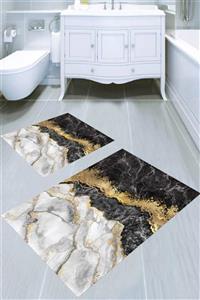 Resmiro Altın Detay Mermer Tasarımlı 2 li Banyo Paspası (50x60 Cm - 60x100 Cm)