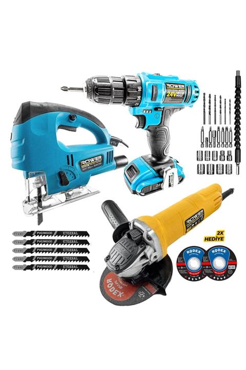 ROWERMAX Süper Set Lazerli Dekupaj 24w Matkap Devir Ayarlı Spral Taşlama Seti -2090-2025-2071