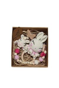Potkal Hediye Fabrikası Sevimli Tavşan Sesli Diş Kaşıyıcı Ve Emzik Zinciri Amigurumi Organik Yeni Doğan Bebek Oyuncak