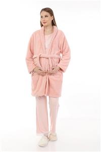 Luvmabelly Kadın Pembe Peluş Sabahlıklı Hamile Pijama Takımı