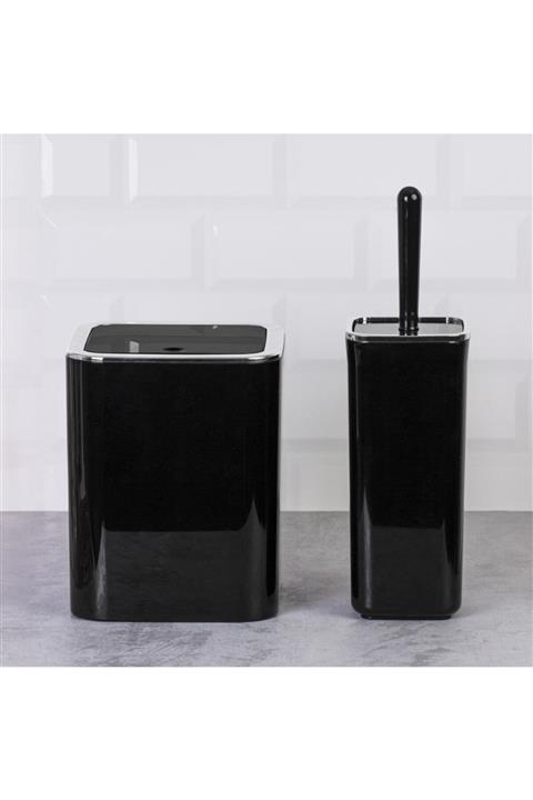 Okyanus Home Siyah Kromlu Kare 2'li Wc Kova Ve Fırça Seti