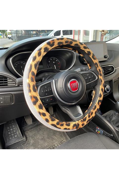 CARSPEC Kristal Taşlı Deri Kadn Direksiyon Kılıfı Leopar Desen Sarı Siyah Gümüş 38-40cm