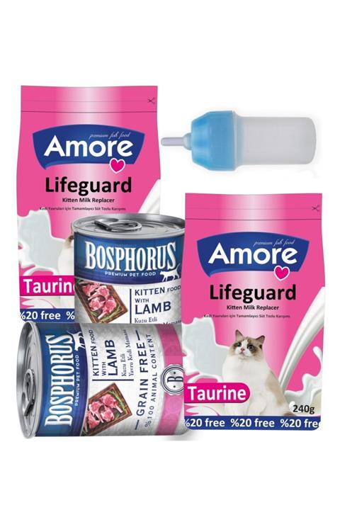 AMORE Lifeguard Yavru Kedi Süt Tozu 2x240gr + Biberon + Kitten Konserve 2x415gr