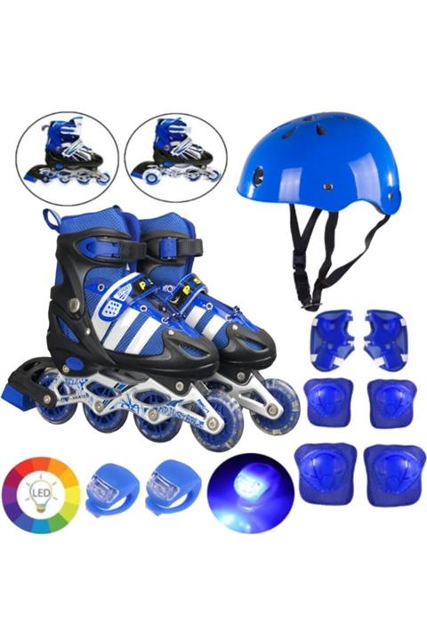 OyuncakZade Mavi Işıklı Teker Ayarlanabilir Çocuk Alıştırma Paten 2 Fonksiyon + Çakarlı Kask Dizlik Set