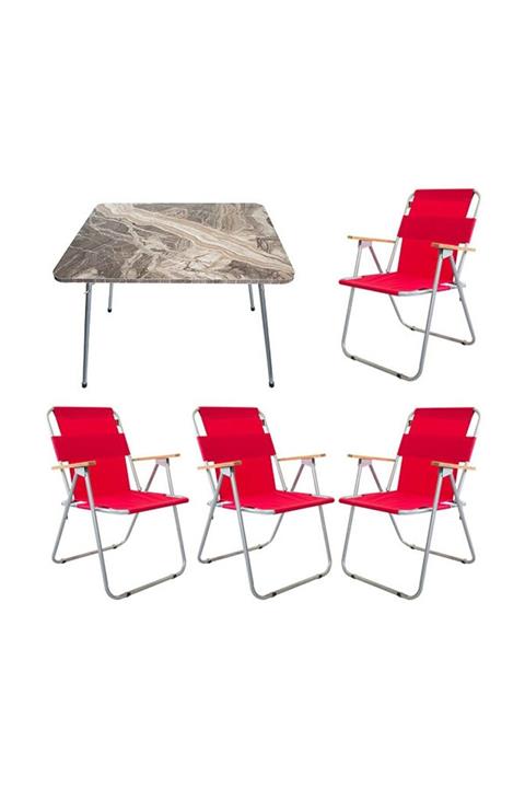 Bofigo 60x80 Mermer Katlanır Masa + 4 Adet Katlanır Sandalye Kamp Seti Bahçe Balkon Takımı Kırmızı