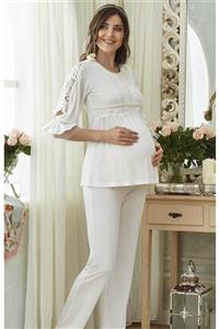 JammyMom Güpürlü Boncuklu Pijama Takımı - Ekru