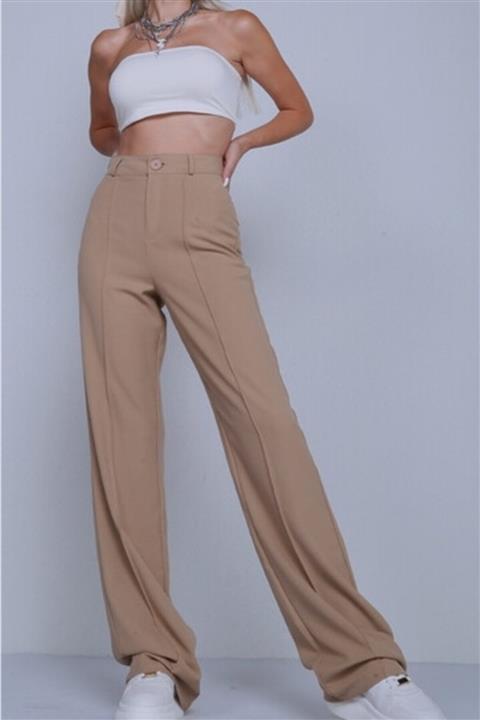 Ortaya Çık Bej Yüksek Bel Crep Kumaş Palazzo Pantolon
