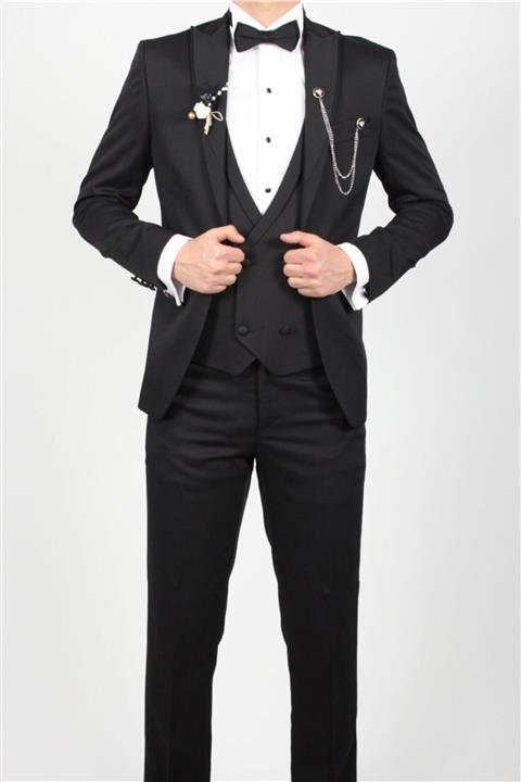 ZAYFA Siyah Armürlü Slim Fit Yelekli Smokin Damatlık