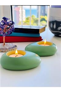 S&D HOME 2'li Mint Yeşili Taş Görünümlü Tealight Mumluk Dekoratif Obje Yağlı Boya Ile Boyanmıştır.