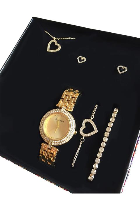 Forentina Kadın  Kalpli Kolye Küpe Bileklik Set - Saat Hediyeli PS0520