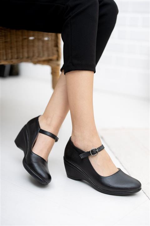 epaavm Dolgu Taban Siyah Cilt Ayakkabı