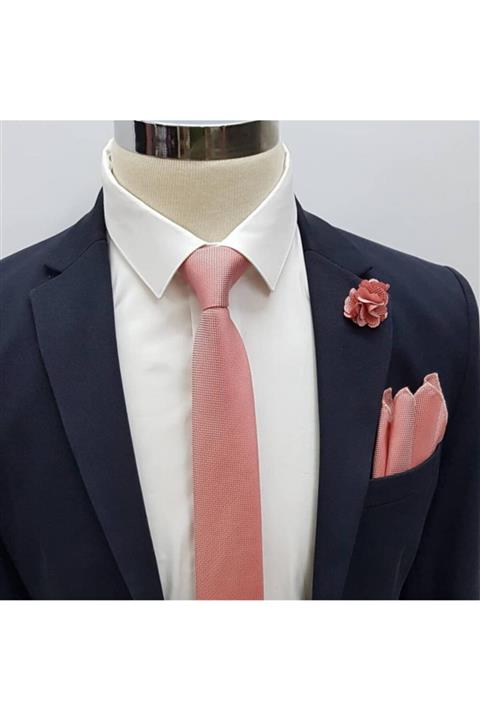 Brianze Pudra Pembe Kravat Mendil Yaka Çiçeği Set Kmd-8