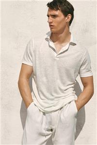 Massimo Dutti Erkek %100 Keten Kısa Kollu Polo T-Shirt 00742279