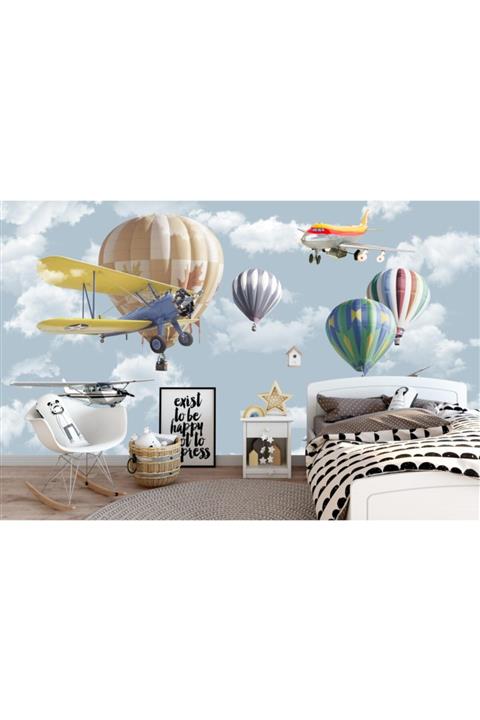 Renkli Duvarlar Genç Odası Balon Uçak Özel Tasarım Duvar Kağıdı 4.00x2.30