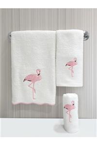 Tanem Home Dalgalı Kenar Flamingo Nakışlı 3 Parça Havlu Seti 30x50 / 40x60 / 50x90 Cm