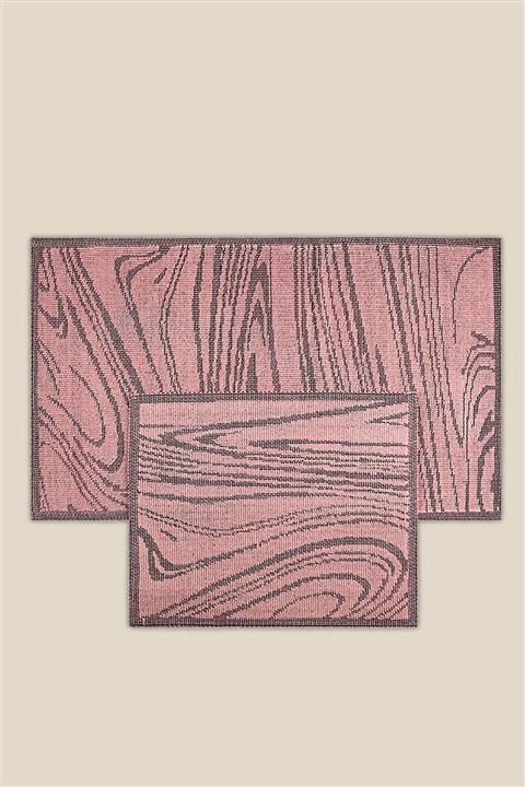 Bluenity Mermer Doğal Pamuklu Banyo Matı Seti 60x100 50x60 Cm - Pembe