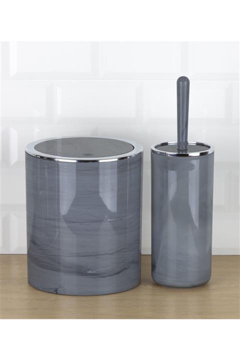 Okyanus Home Kromlu Yuvarlak Mermer Desenli 2'li Wc Kova Ve Fırça Seti