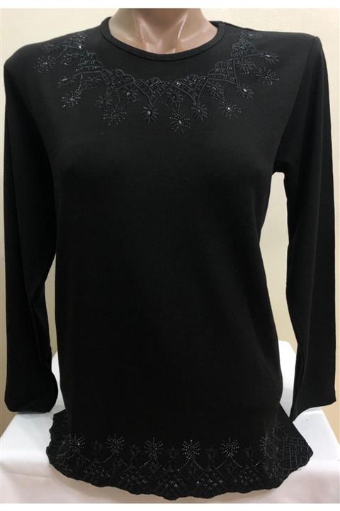 ARPATİ Yakası ve Altı Desenli Nergis Siyah Bluz